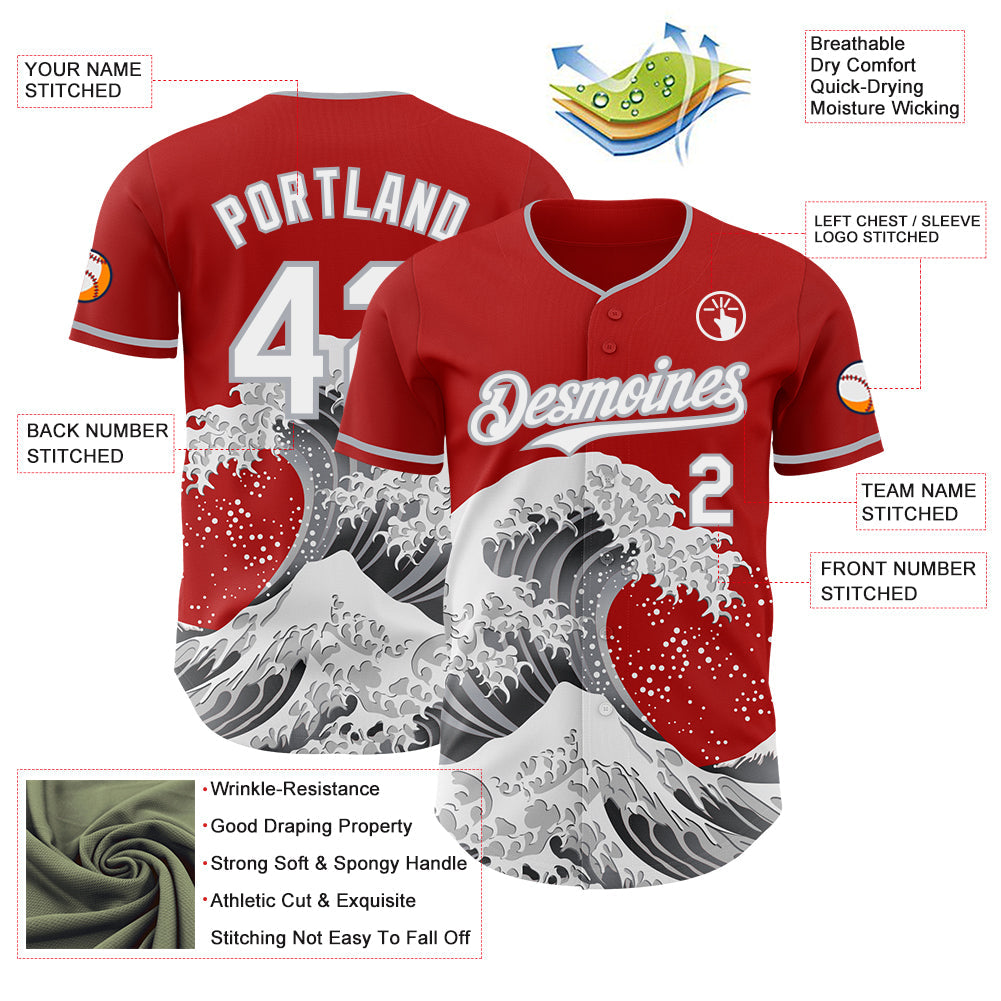 Custom Red White-Gray Japanese Wave Authentic Baseball Jersey view 4