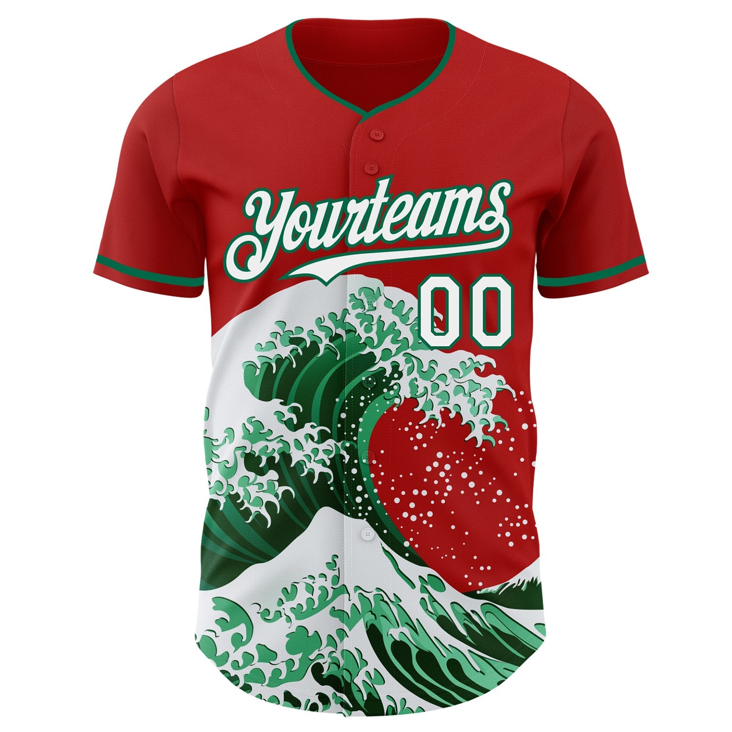 Custom Red White-Kelly Green Japanese Wave Authentic Baseball Jersey view 3