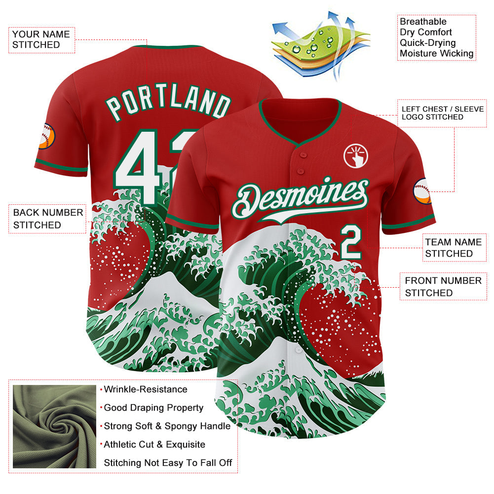 Custom Red White-Kelly Green Japanese Wave Authentic Baseball Jersey view 4