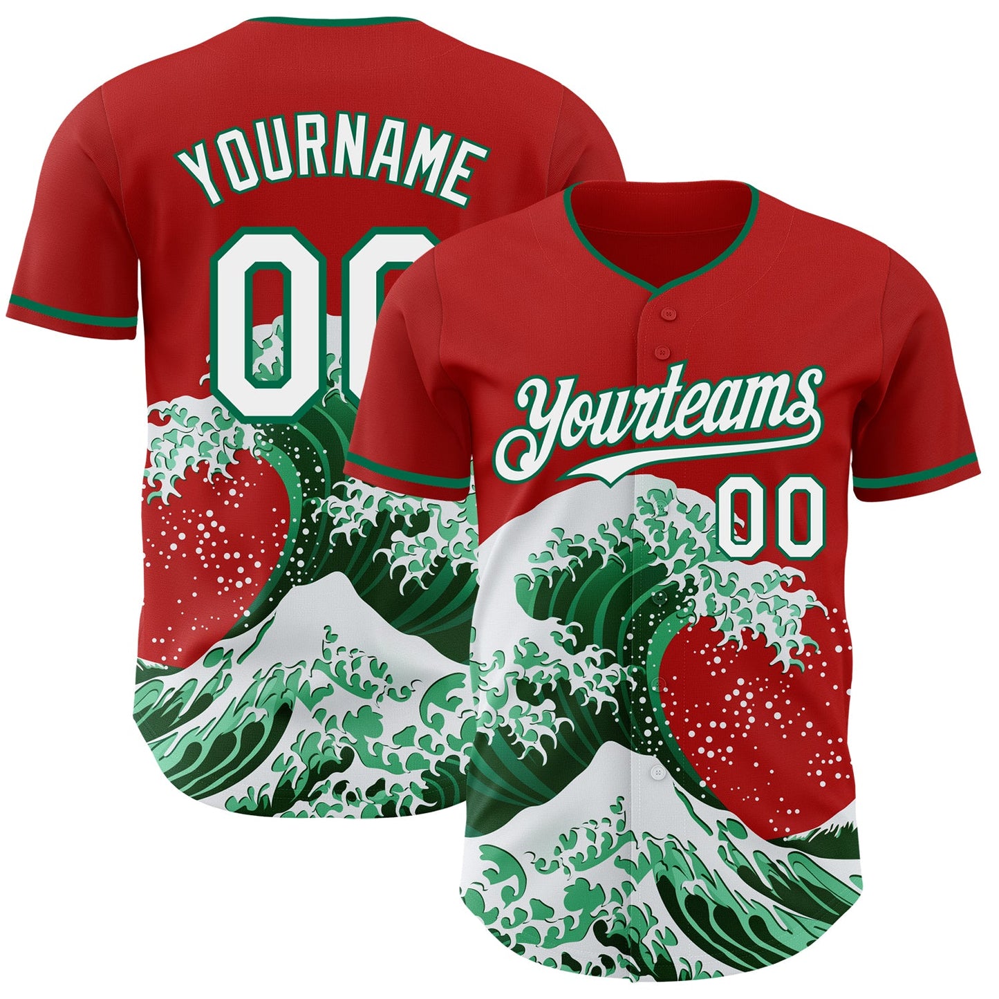 Custom Red White-Kelly Green Japanese Wave Authentic Baseball Jersey - Main View
