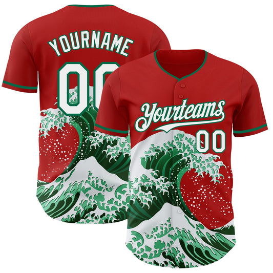 Custom Red White-Kelly Green Japanese Wave Authentic Baseball Jersey - Main View