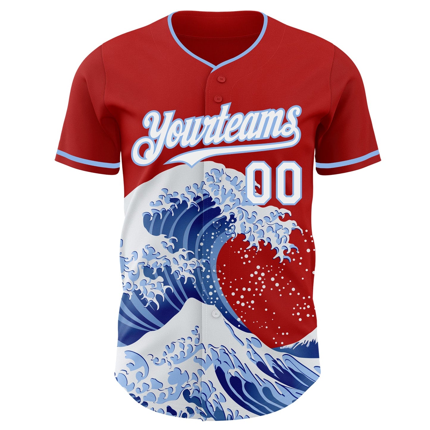 Custom Red White-Light Blue Japanese Wave Authentic Baseball Jersey view 3