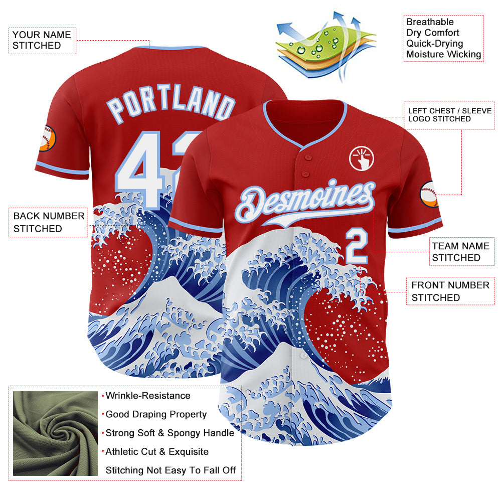 Custom Red White-Light Blue Japanese Wave Authentic Baseball Jersey view 4