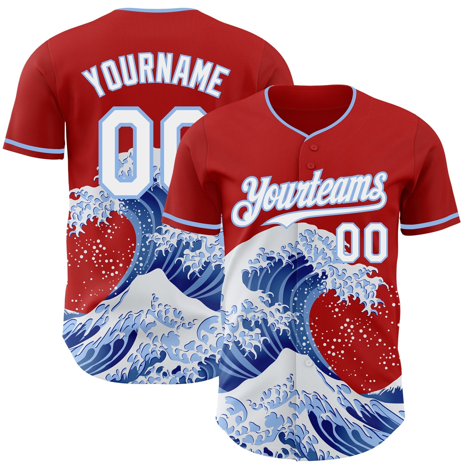 Custom Red White-Light Blue Japanese Wave Authentic Baseball Jersey - Main View