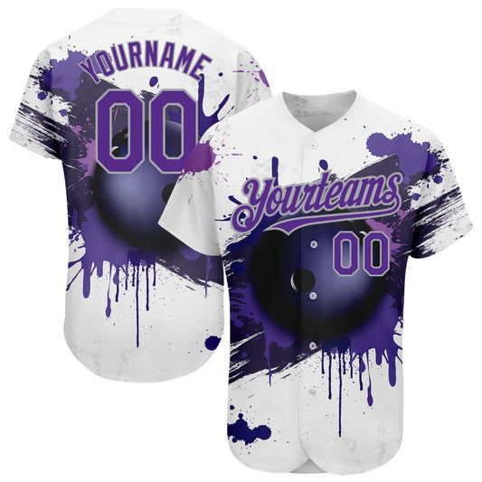 Custom White Purple-Gray 3D Pattern Design Bowling Ball Authentic Baseball Jersey - Main View