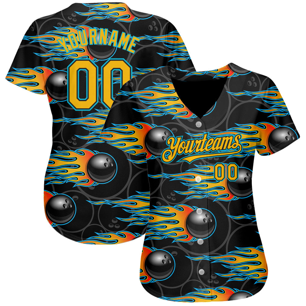 Custom Black Gold-Lakes Blue 3D Pattern Design Bowling Ball With Hotrod Flame Authentic Baseball Jersey view 2
