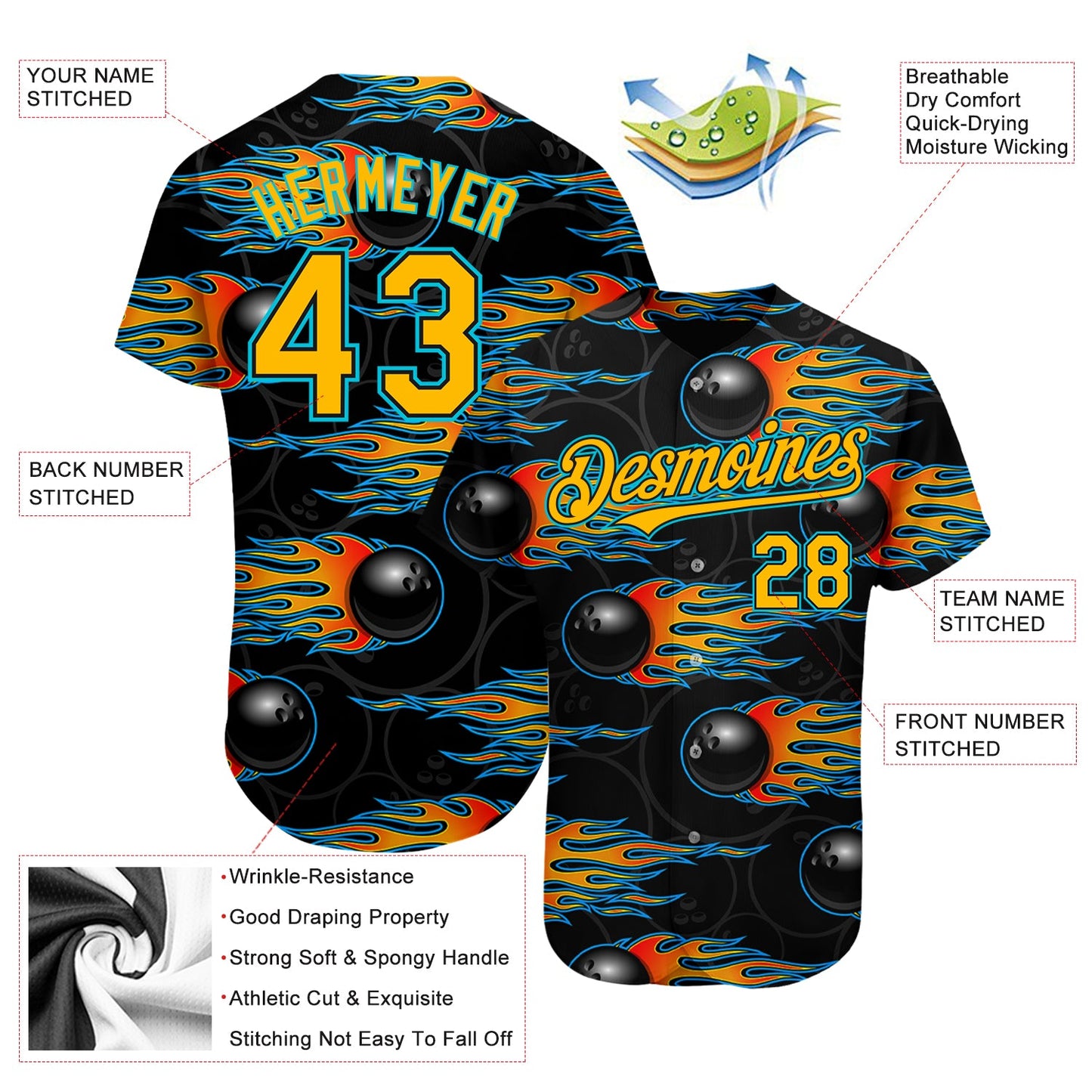 Custom Black Gold-Lakes Blue 3D Pattern Design Bowling Ball With Hotrod Flame Authentic Baseball Jersey view 3
