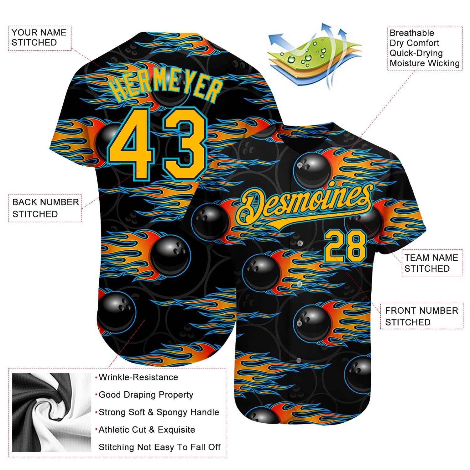 Custom Black Gold-Lakes Blue 3D Pattern Design Bowling Ball With Hotrod Flame Authentic Baseball Jersey view 3