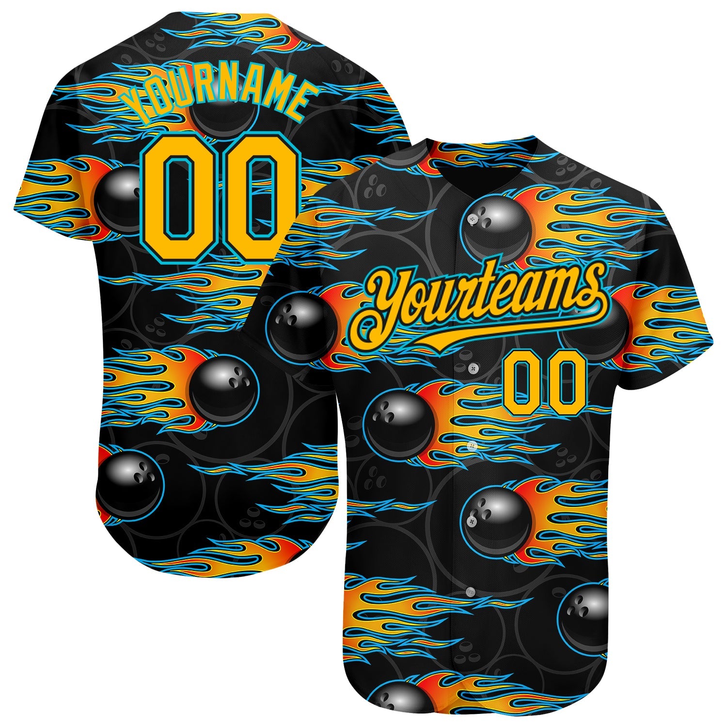 Custom Black Gold-Lakes Blue 3D Pattern Design Bowling Ball With Hotrod Flame Authentic Baseball Jersey - Main View