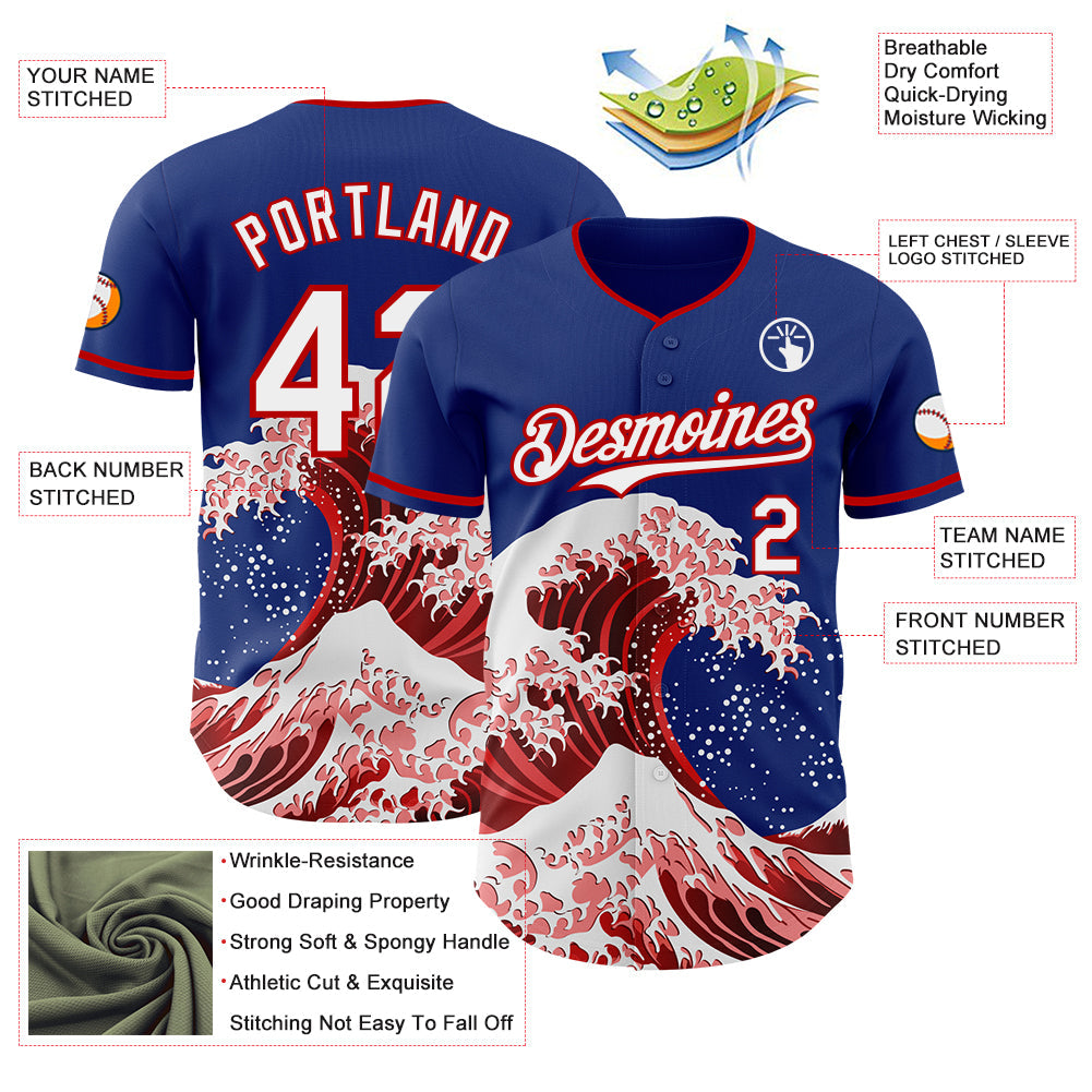 Custom Royal White-Red Japanese Wave Authentic Baseball Jersey view 4