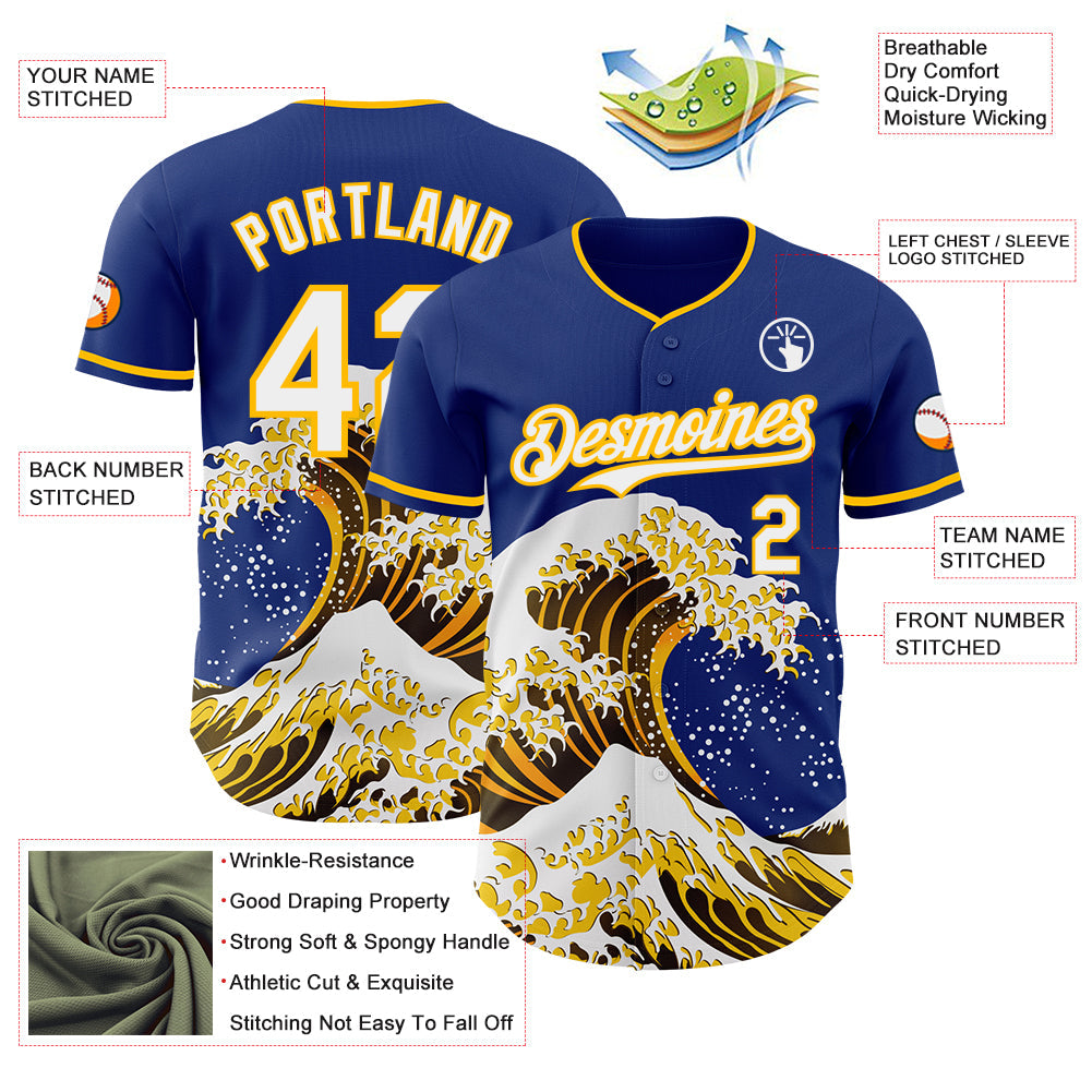 Custom Royal White-Gold Japanese Wave Authentic Baseball Jersey view 4