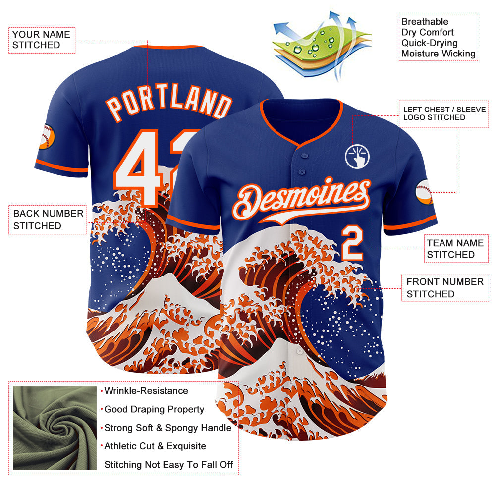 Custom Royal White-Orange Japanese Wave Authentic Baseball Jersey view 4