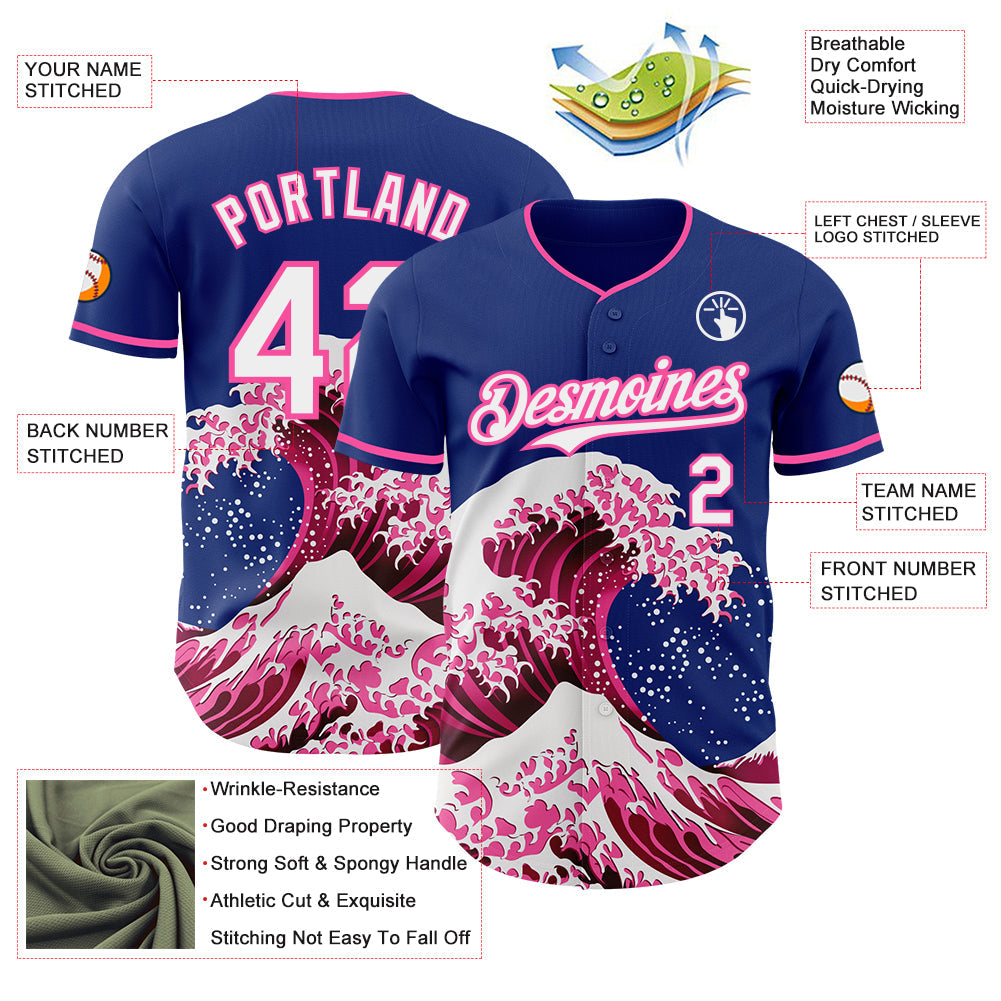Custom Royal White-Pink Japanese Wave Authentic Baseball Jersey view 4