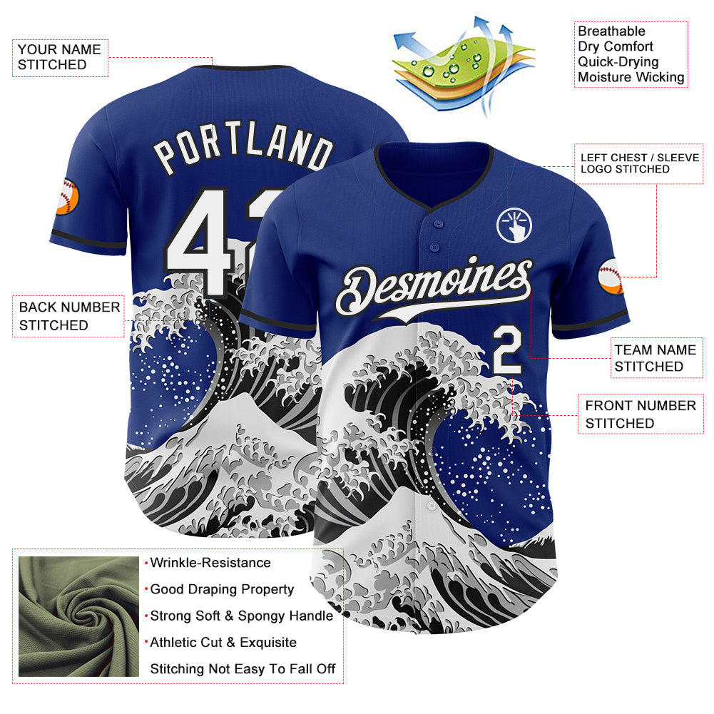 Custom Royal White-Black Japanese Wave Authentic Baseball Jersey view 4