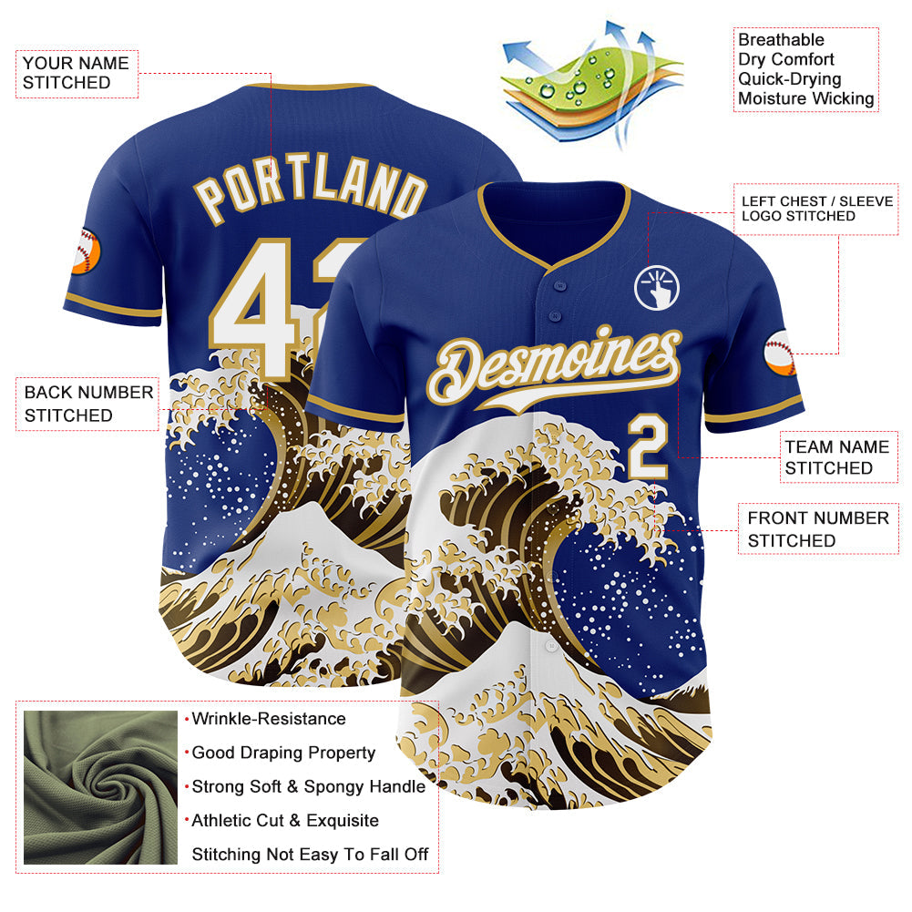 Custom Royal White-Old Gold Japanese Wave Authentic Baseball Jersey view 4