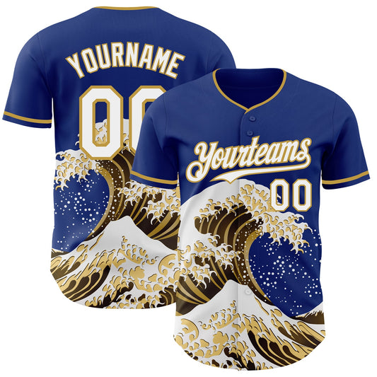 Custom Royal White-Old Gold Japanese Wave Authentic Baseball Jersey - Main View