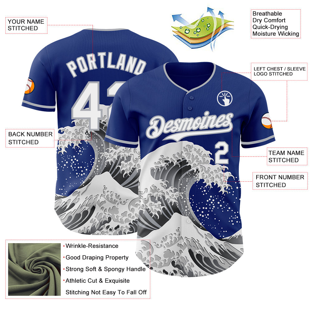 Custom Royal White-Gray Japanese Wave Authentic Baseball Jersey view 4