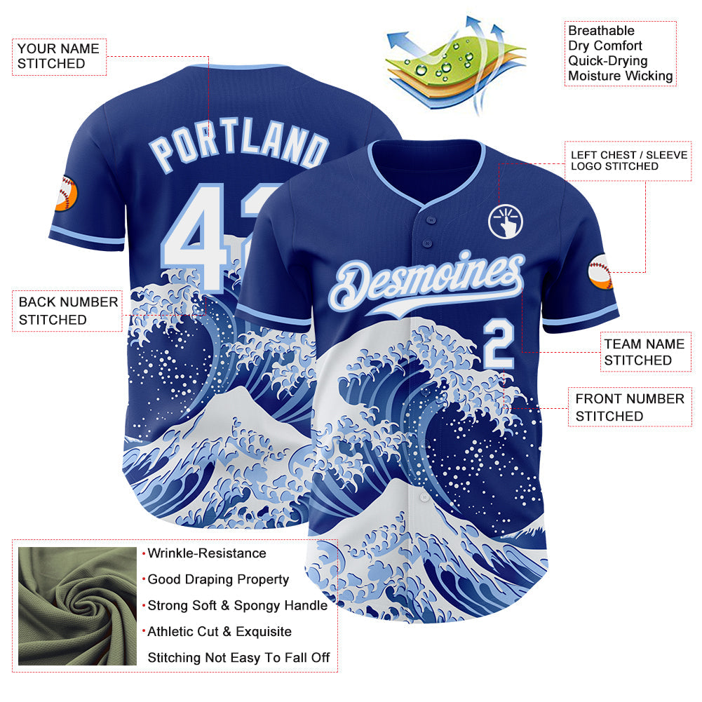 Custom Royal White-Light Blue Japanese Wave Authentic Baseball Jersey view 4