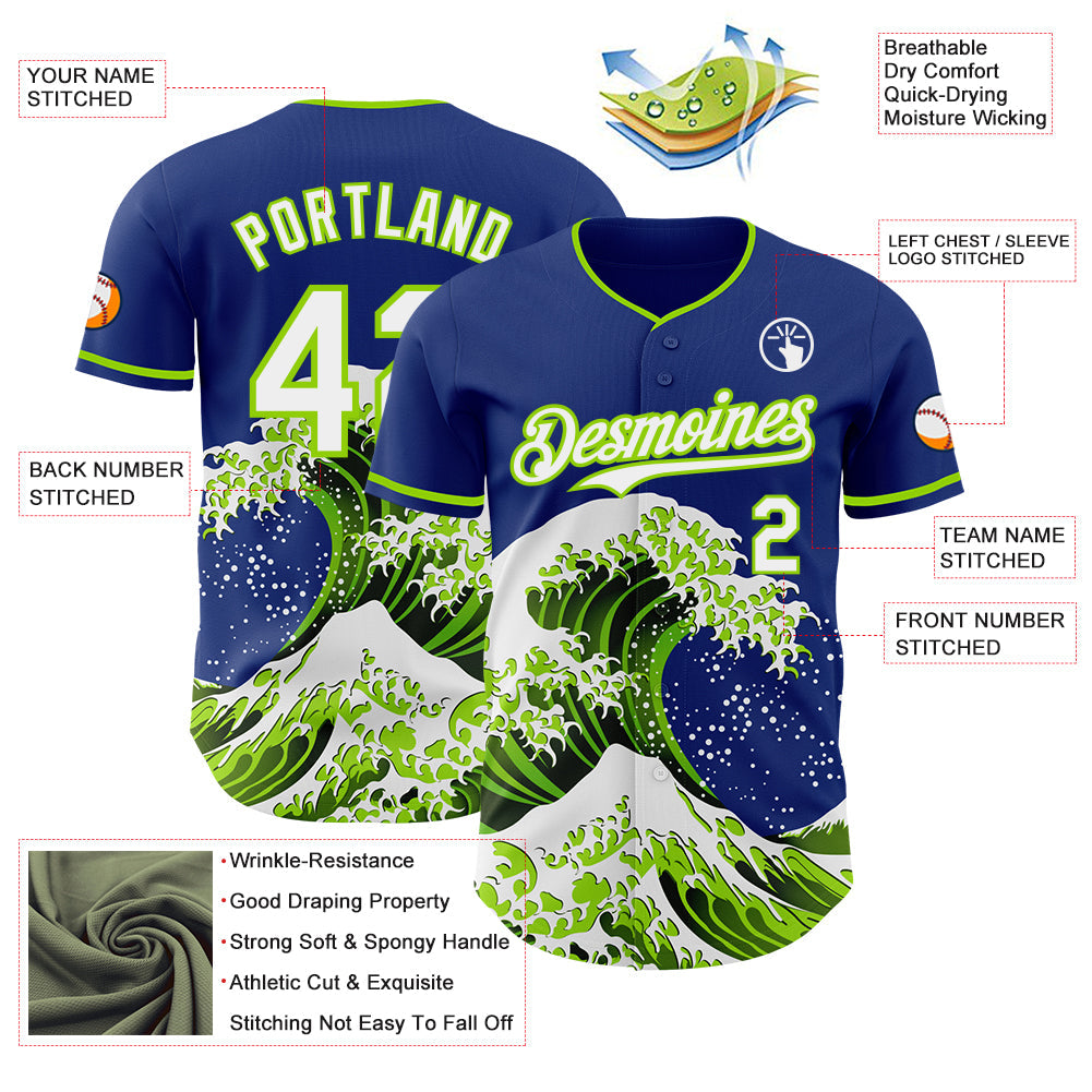 Custom Royal White-Neon Green Japanese Wave Authentic Baseball Jersey view 4