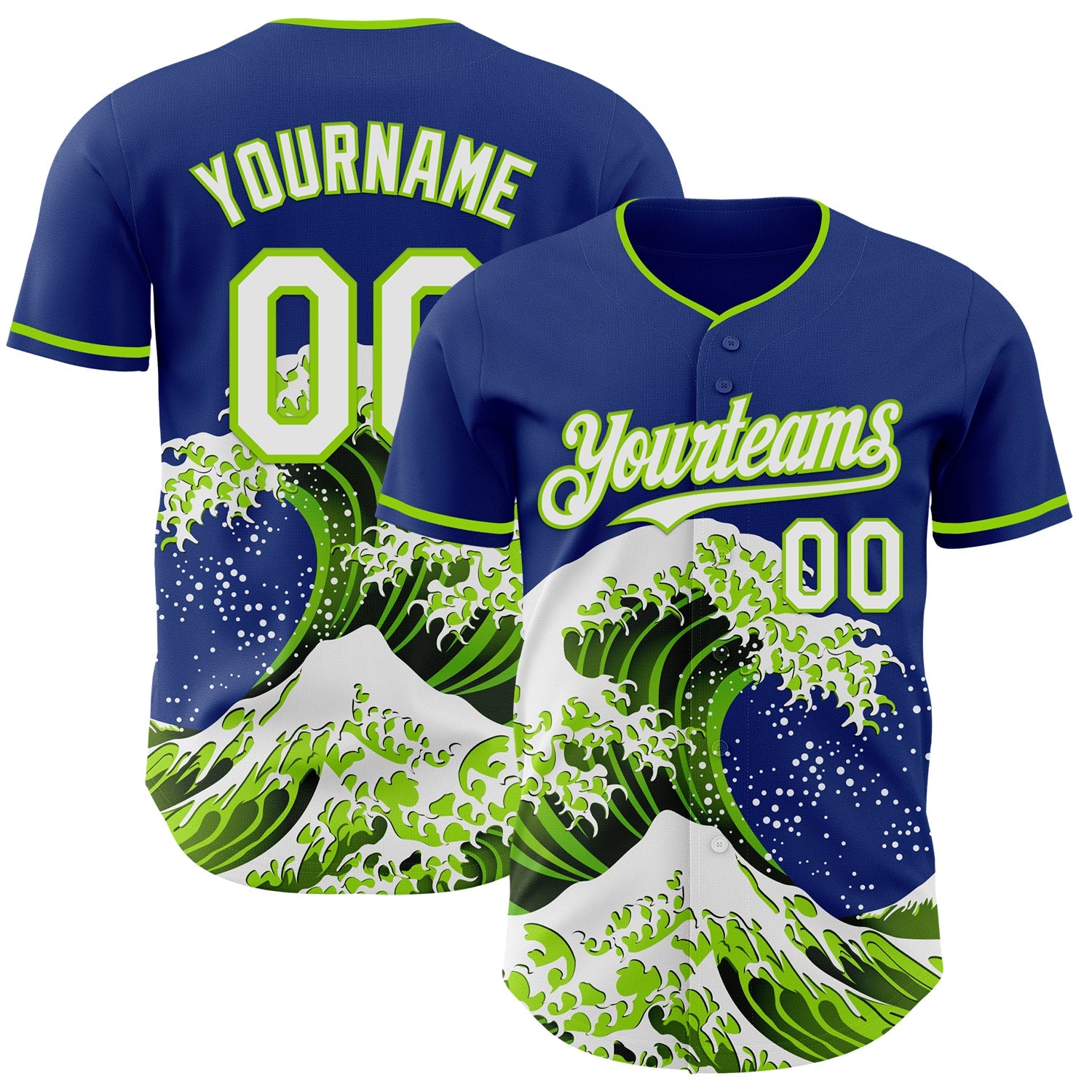 Custom Royal White-Neon Green Japanese Wave Authentic Baseball Jersey - Main View