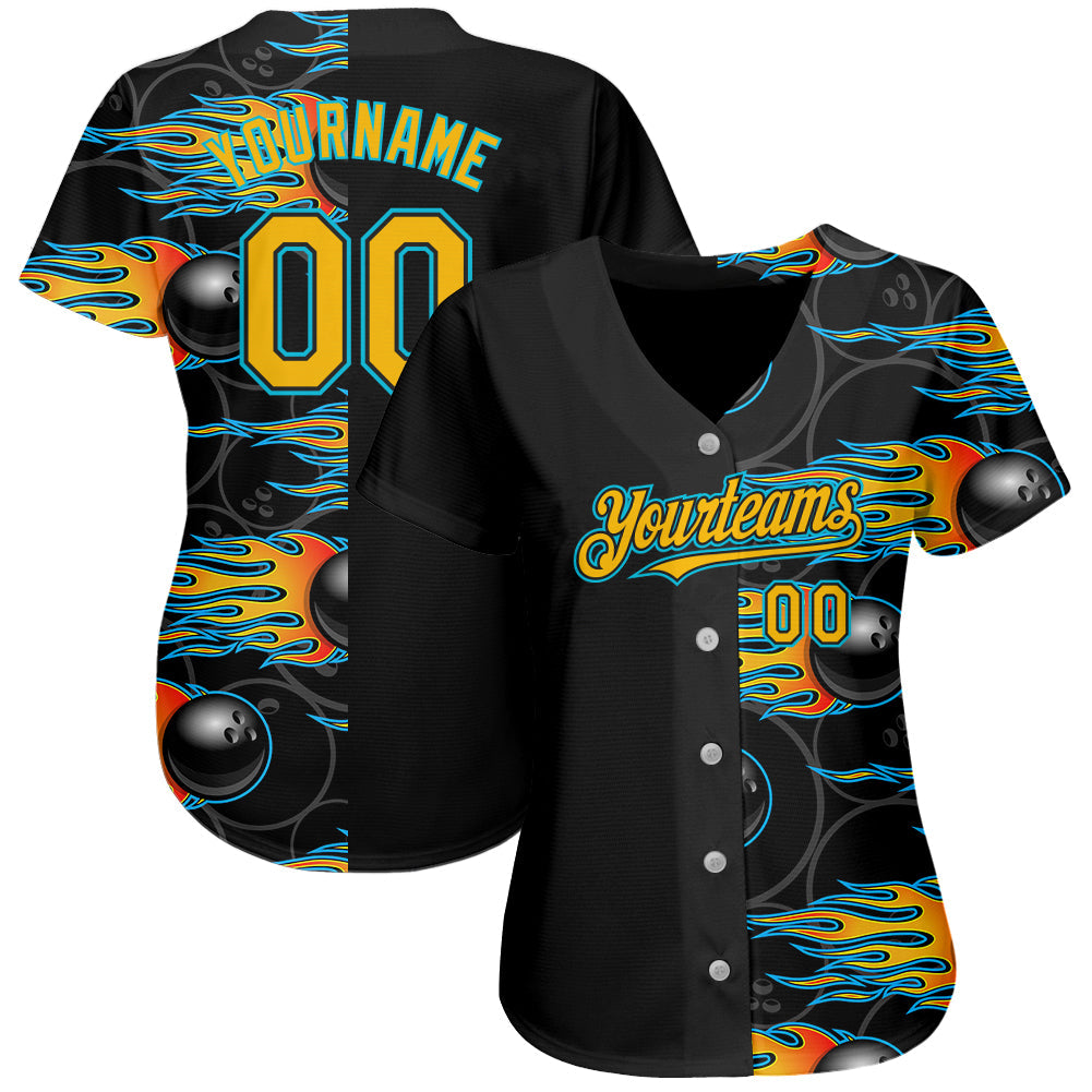 Custom Black Gold-Lakes Blue 3D Pattern Design Bowling Ball With Hotrod Flame Authentic Baseball Jersey Ball view 2