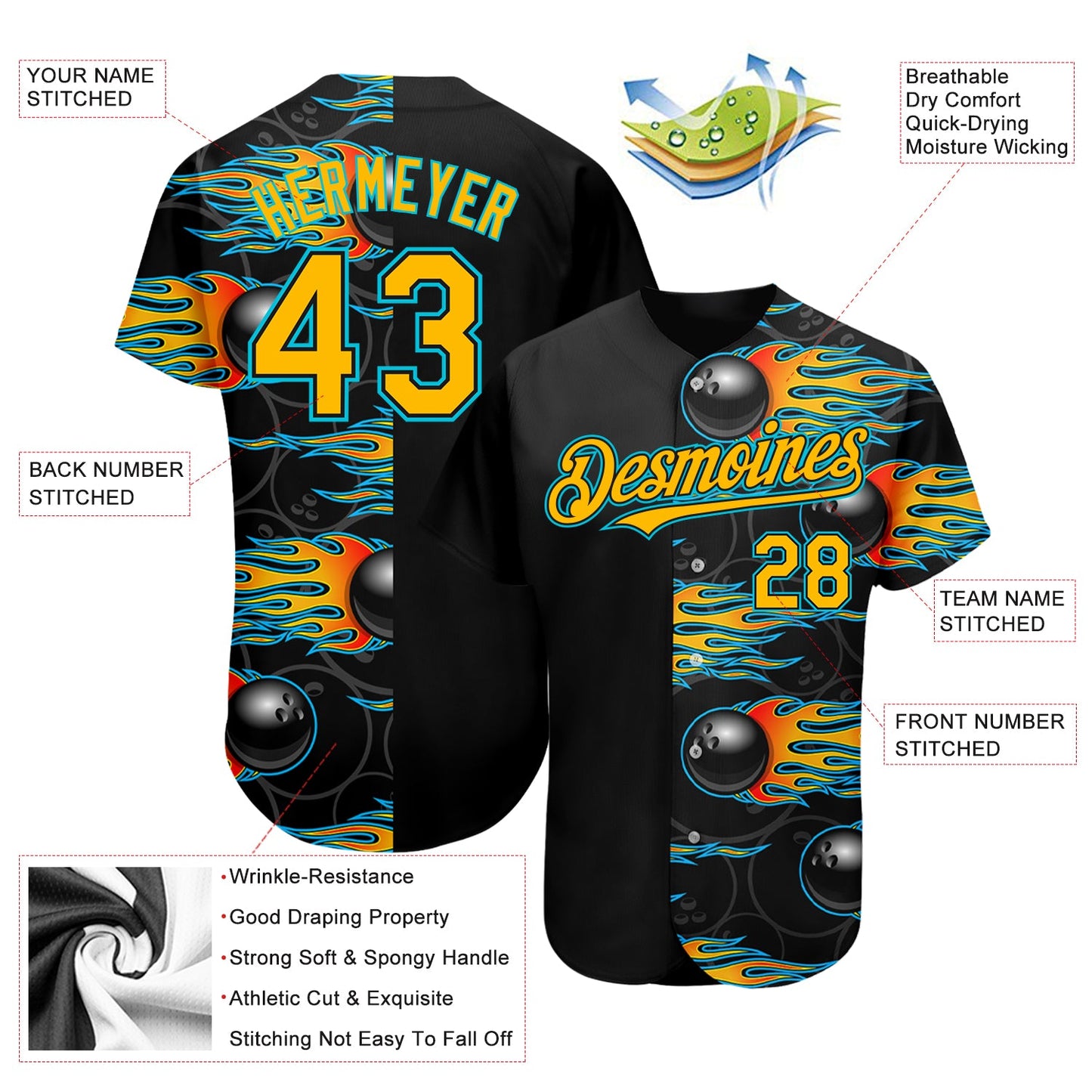 Custom Black Gold-Lakes Blue 3D Pattern Design Bowling Ball With Hotrod Flame Authentic Baseball Jersey Ball view 3