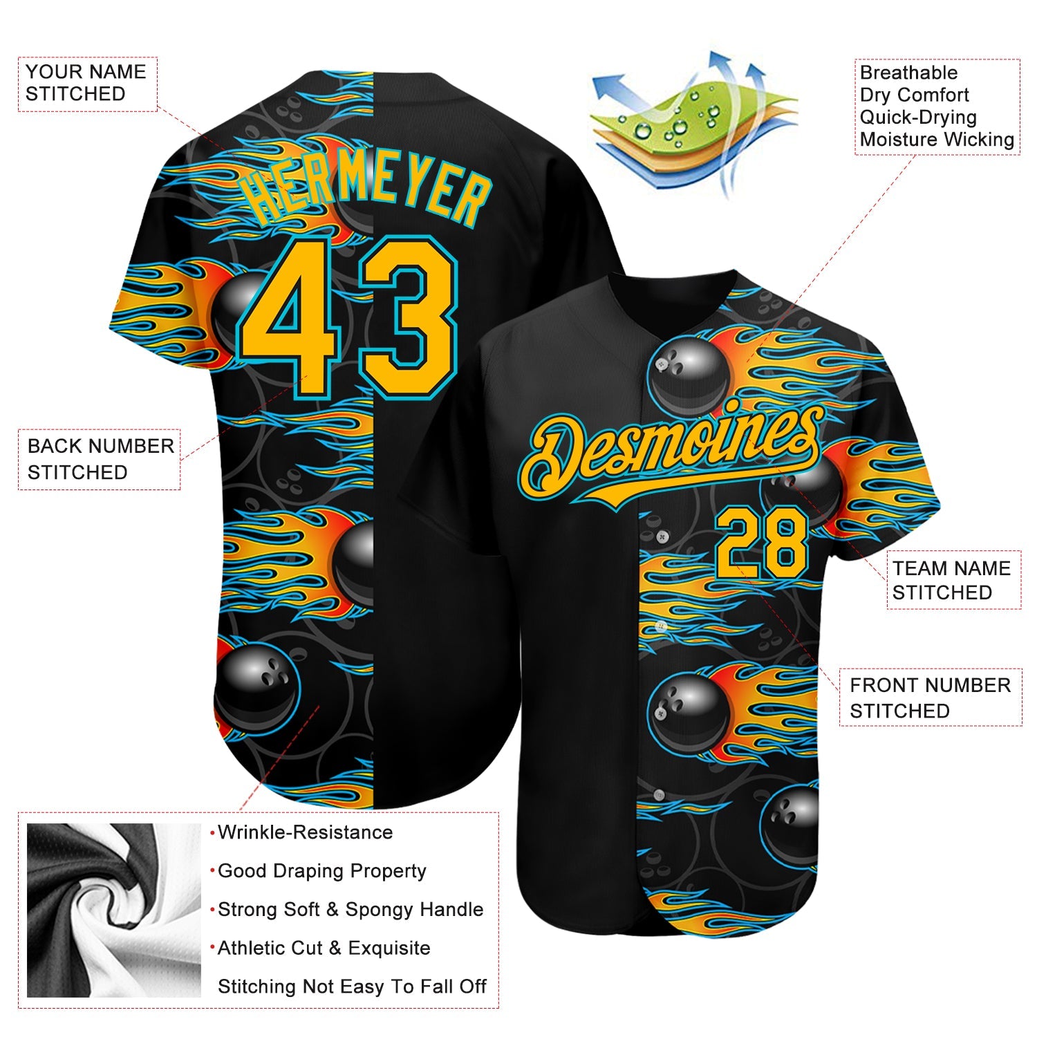 Custom Black Gold-Lakes Blue 3D Pattern Design Bowling Ball With Hotrod Flame Authentic Baseball Jersey Ball view 3