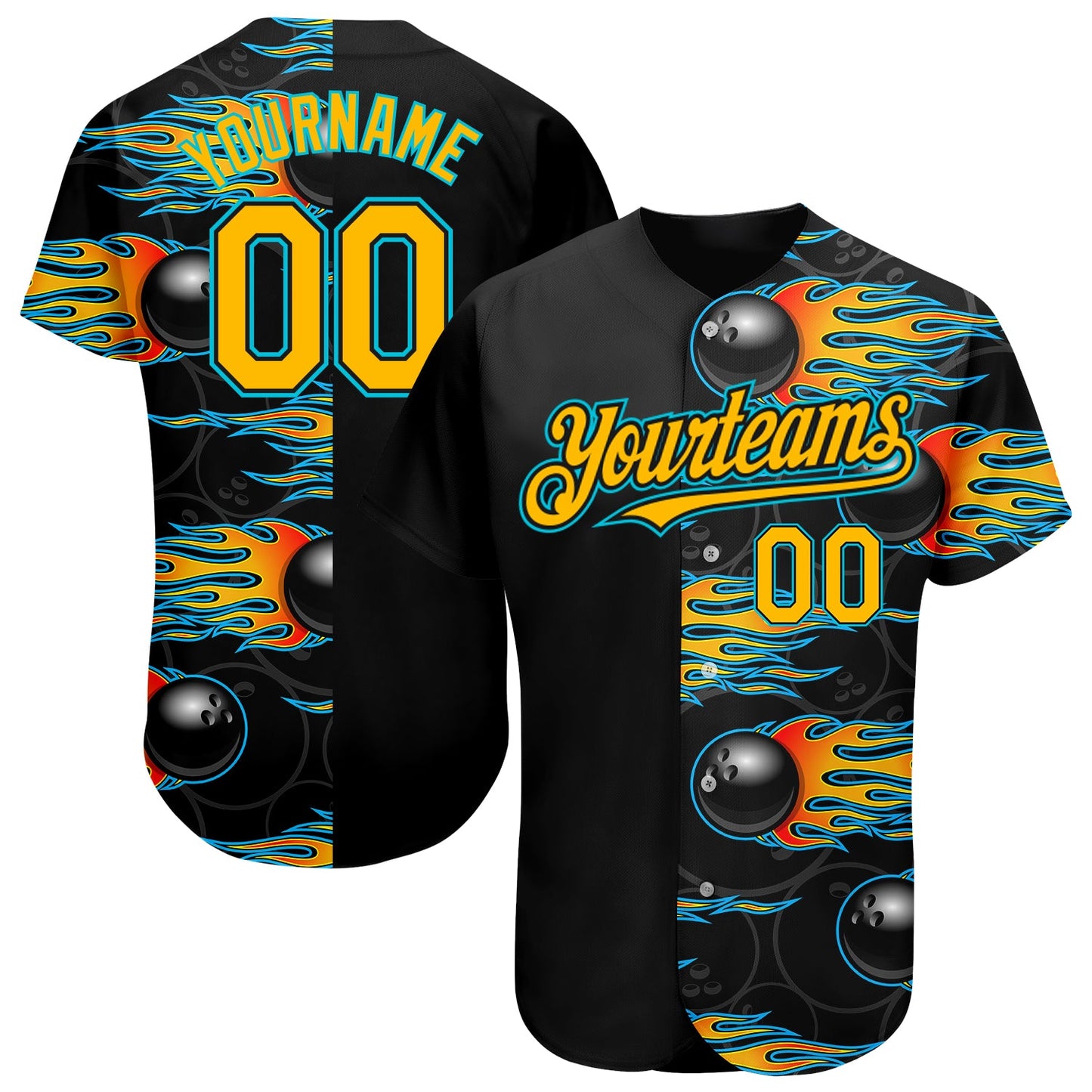 Custom Black Gold-Lakes Blue 3D Pattern Design Bowling Ball With Hotrod Flame Authentic Baseball Jersey Ball - Main View