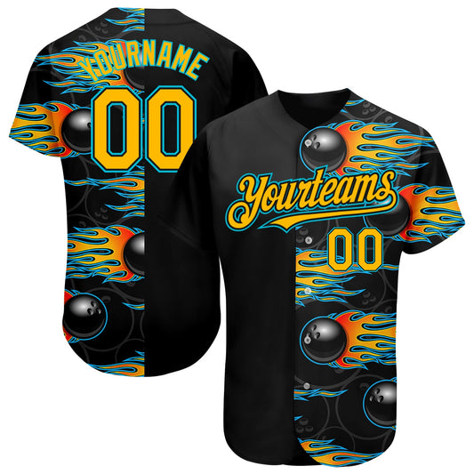 Custom Black Gold-Lakes Blue 3D Pattern Design Bowling Ball With Hotrod Flame Authentic Baseball Jersey Ball - Main View