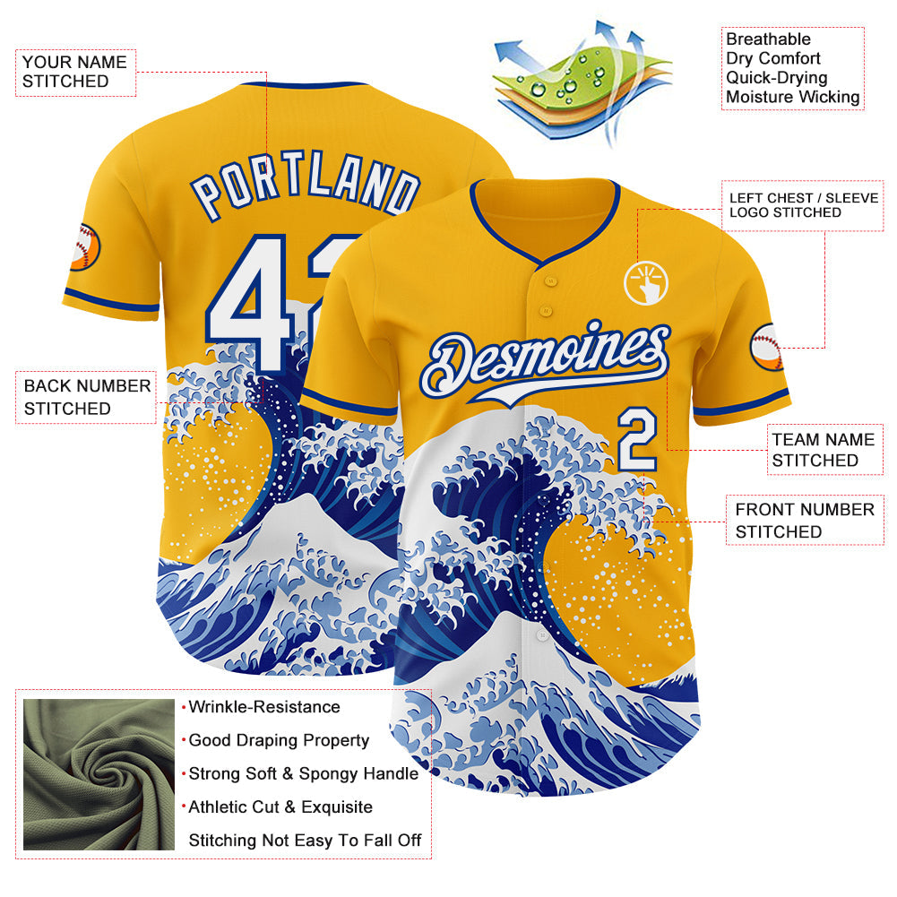Custom Gold White-Royal Japanese Wave Authentic Baseball Jersey view 4