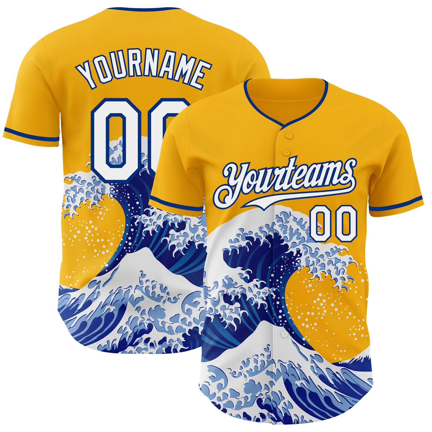Custom Gold White-Royal Japanese Wave Authentic Baseball Jersey - Main View