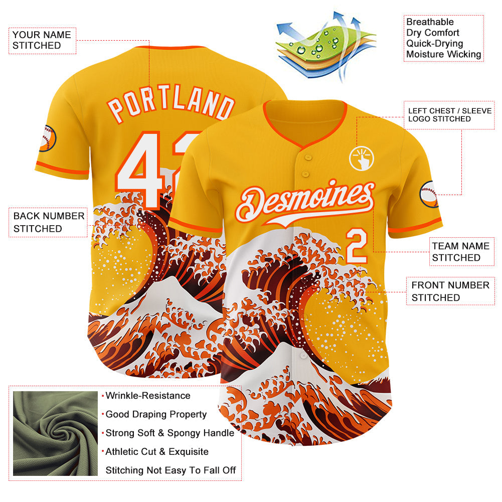Custom Gold White-Orange Japanese Wave Authentic Baseball Jersey view 4