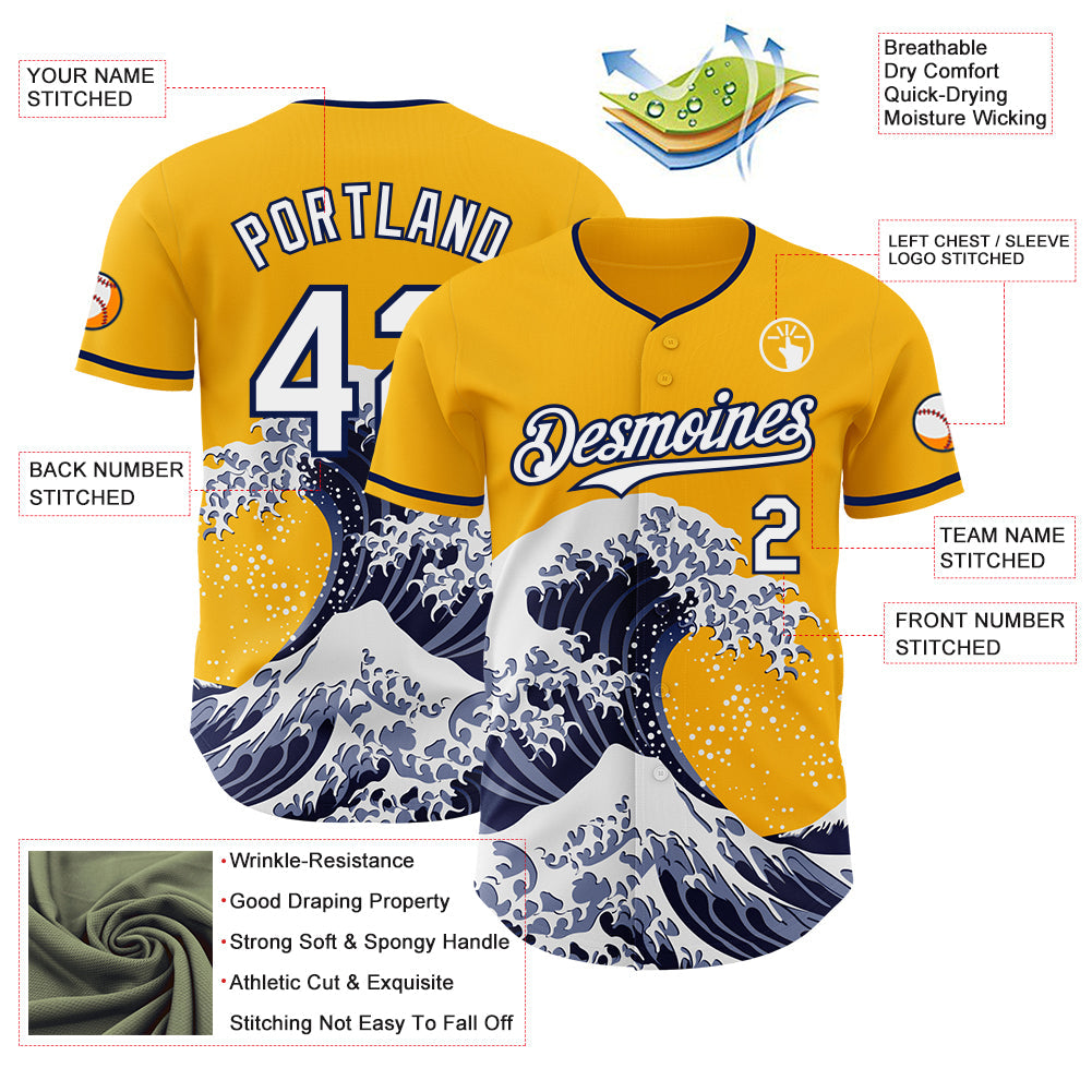 Custom Gold White-Navy Japanese Wave Authentic Baseball Jersey view 4