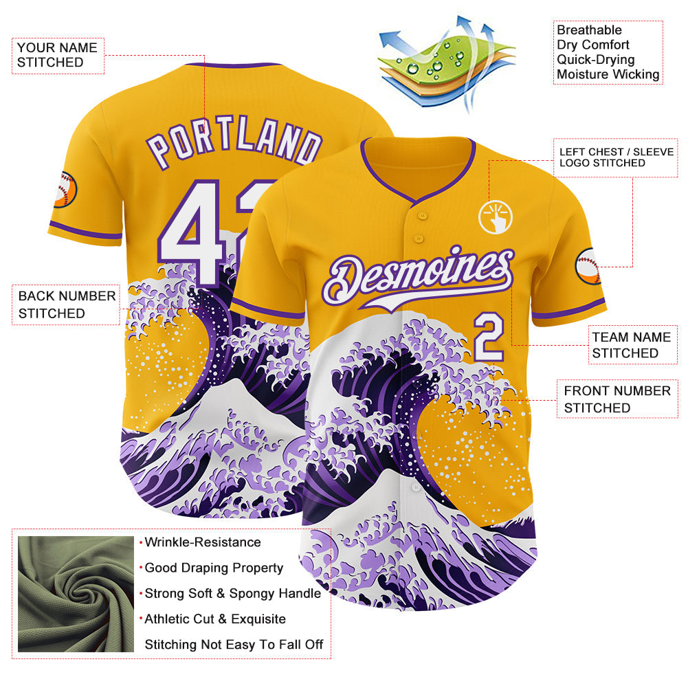 Custom Gold White-Purple Japanese Wave Authentic Baseball Jersey view 4