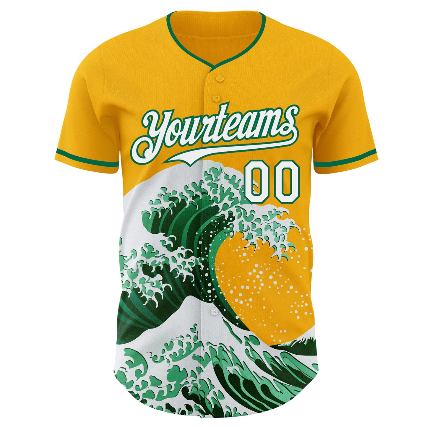 Custom Gold White-Kelly Green Japanese Wave Authentic Baseball Jersey view 3