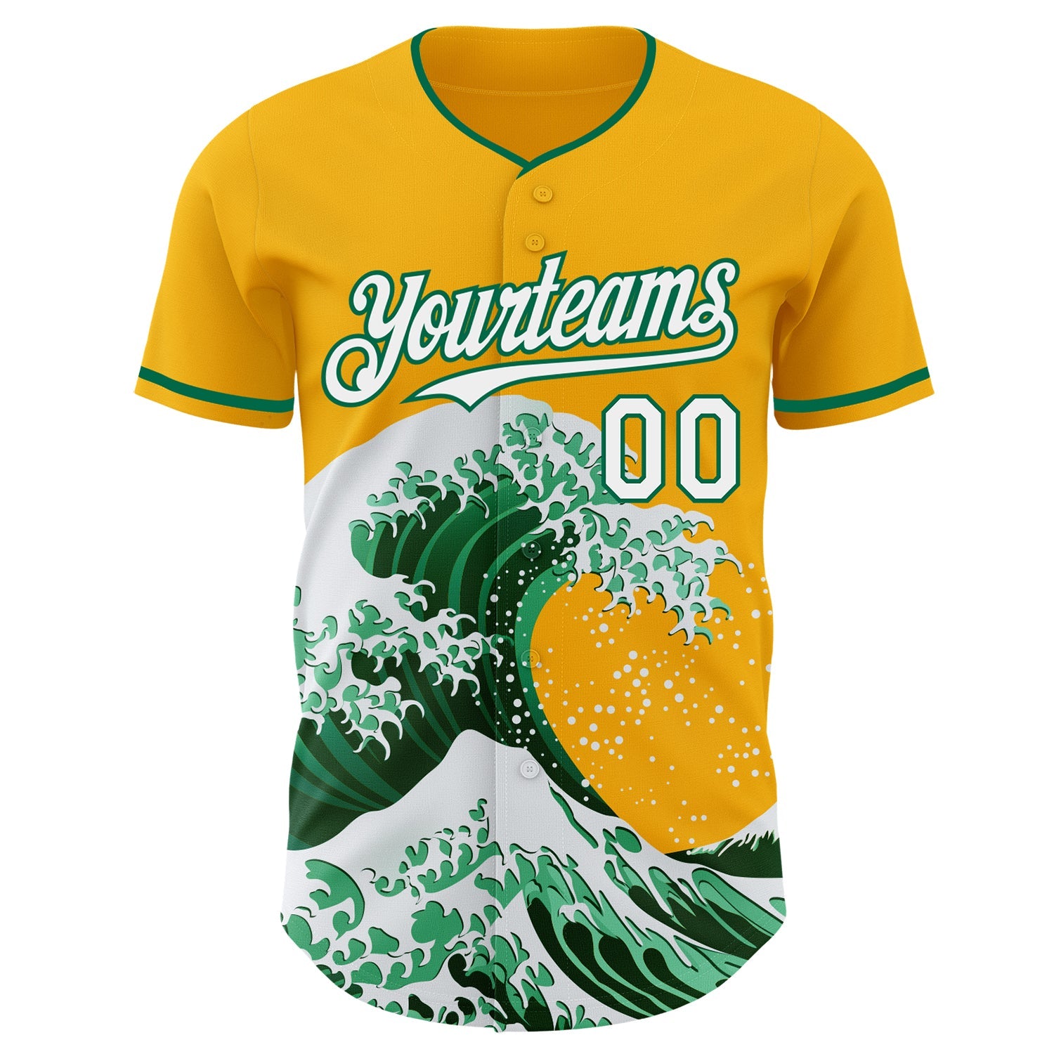 Custom Gold White-Kelly Green Japanese Wave Authentic Baseball Jersey view 3