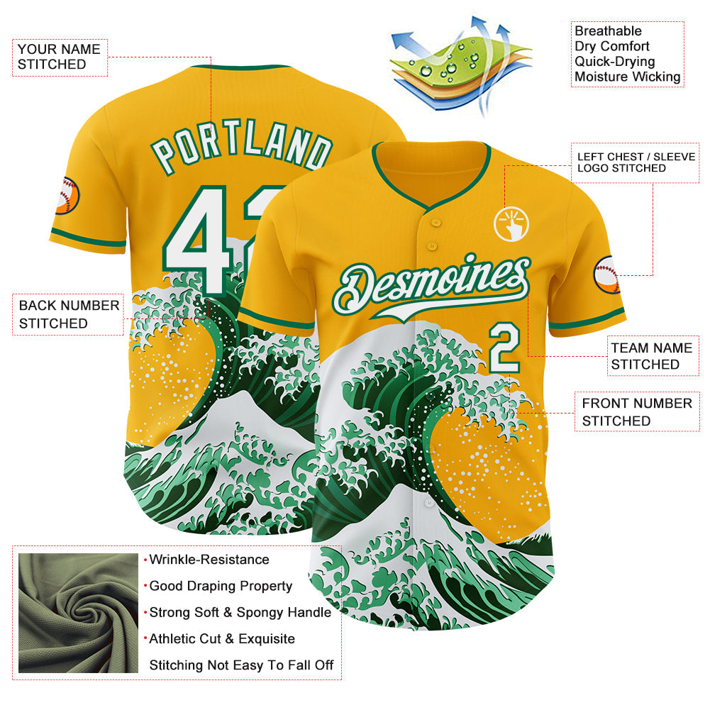 Custom Gold White-Kelly Green Japanese Wave Authentic Baseball Jersey view 4