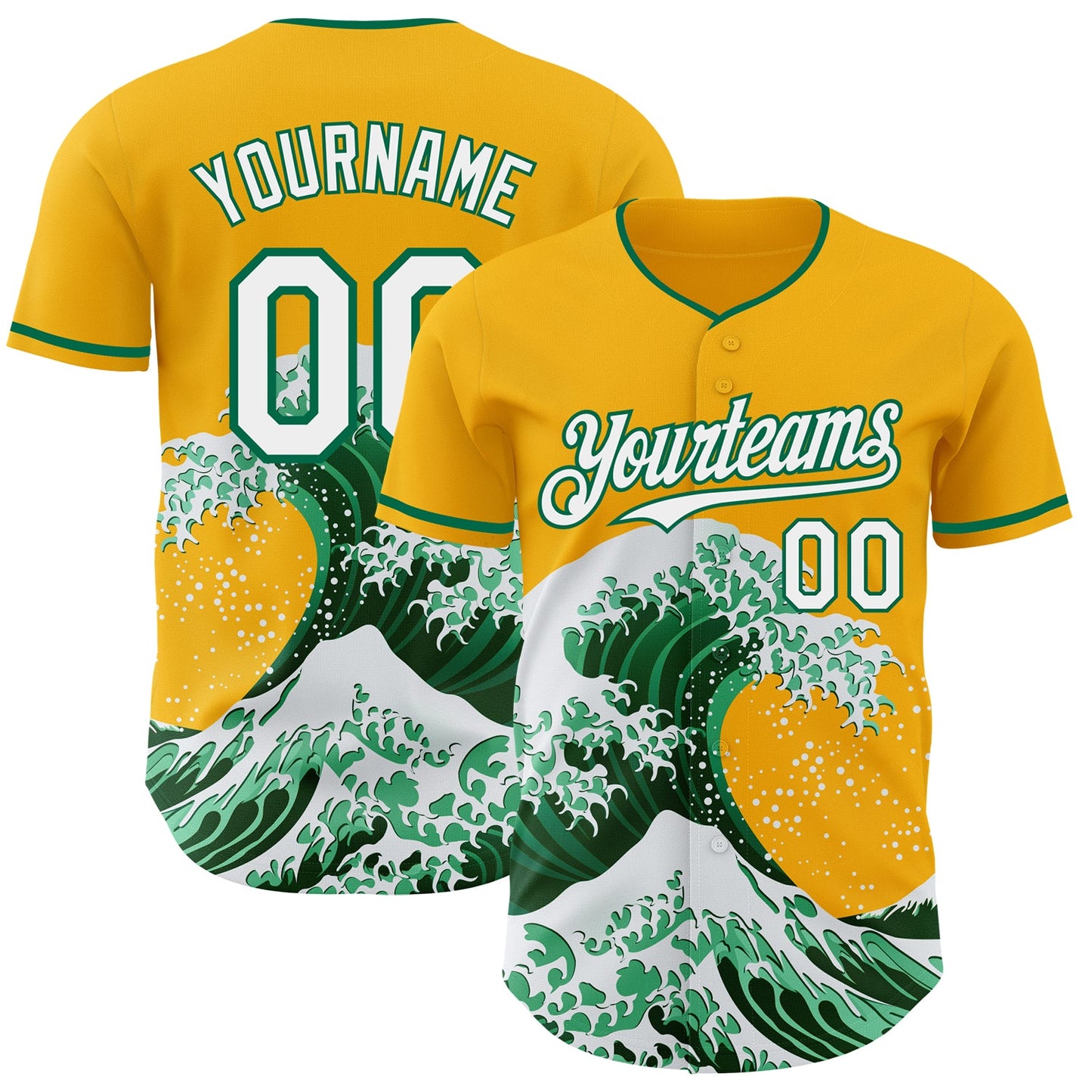 Custom Gold White-Kelly Green Japanese Wave Authentic Baseball Jersey - Main View