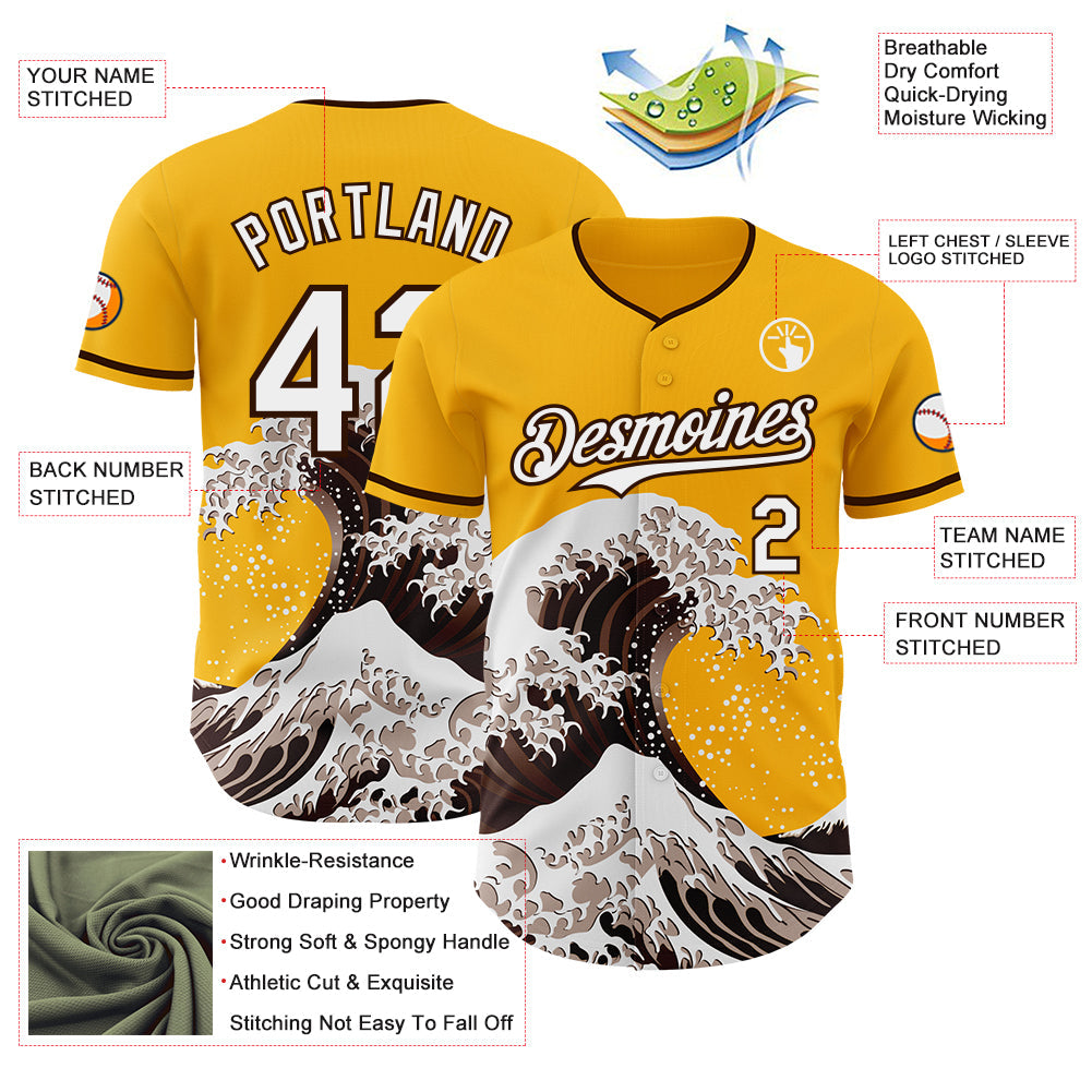 Custom Gold White-Brown Japanese Wave Authentic Baseball Jersey view 4