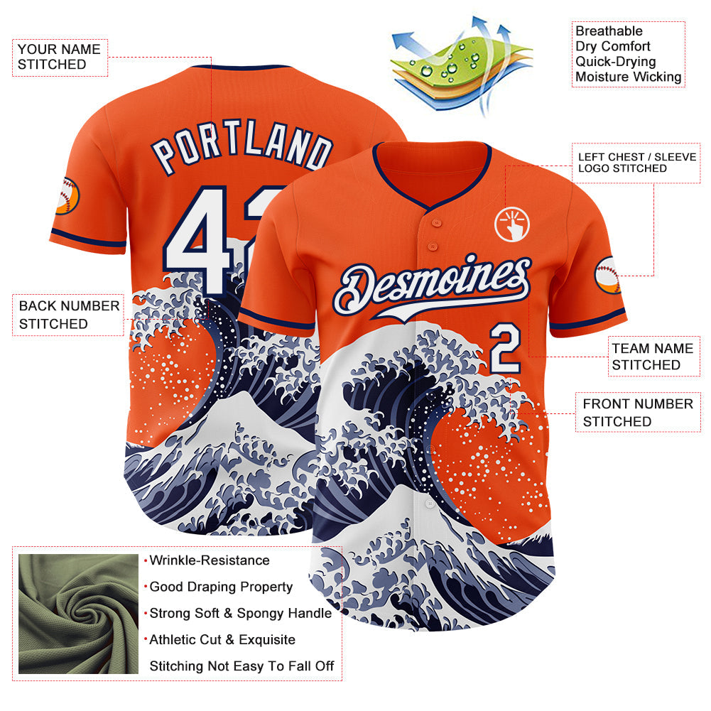 Custom Orange White-Navy Japanese Wave Authentic Baseball Jersey view 4