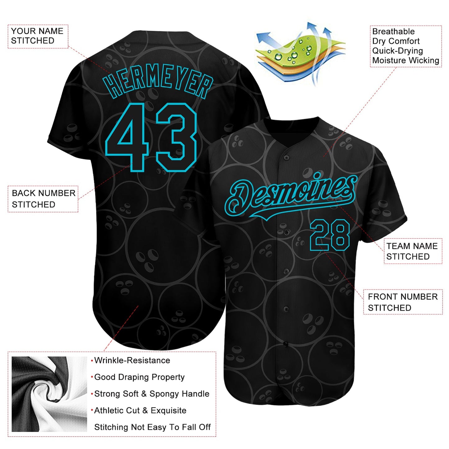 Custom Black Lakes Blue 3D Pattern Design Bowling Ball Authentic Baseball Jersey view 4