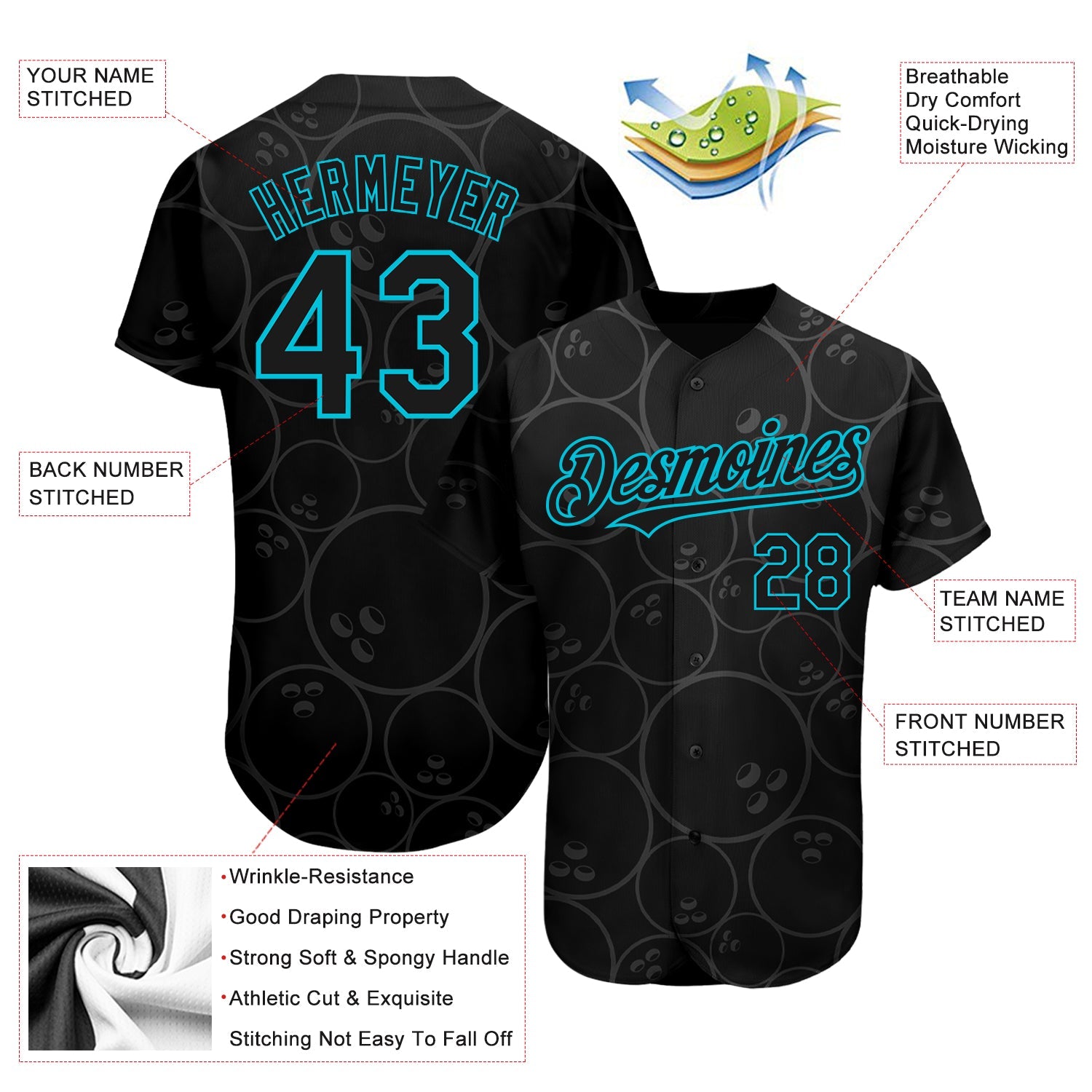 Custom Black Lakes Blue 3D Pattern Design Bowling Ball Authentic Baseball Jersey view 4
