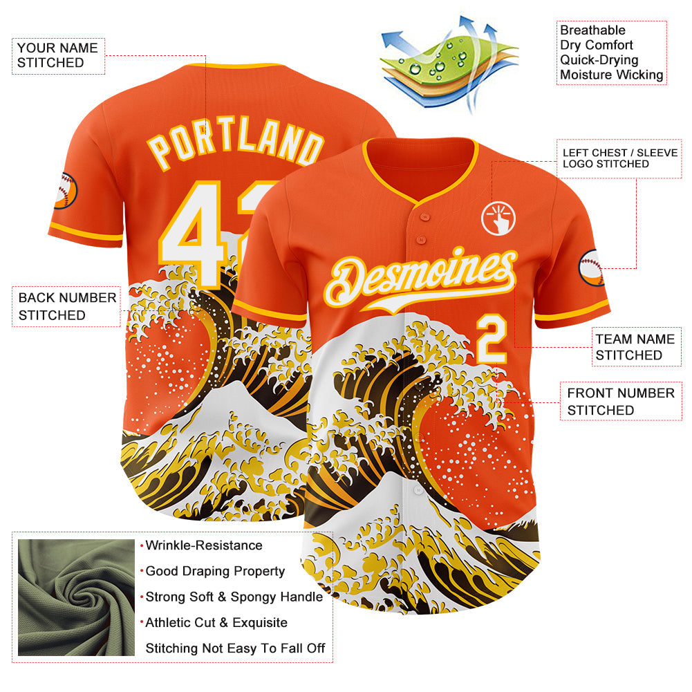 Custom Orange White-Gold Japanese Wave Authentic Baseball Jersey view 4