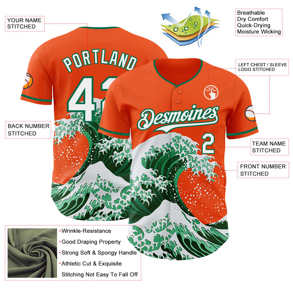 Custom Orange White-Kelly Green Japanese Wave Authentic Baseball Jersey view 4