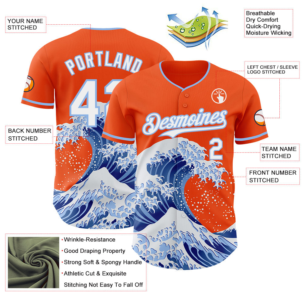 Custom Orange White-Light Blue Japanese Wave Authentic Baseball Jersey view 4