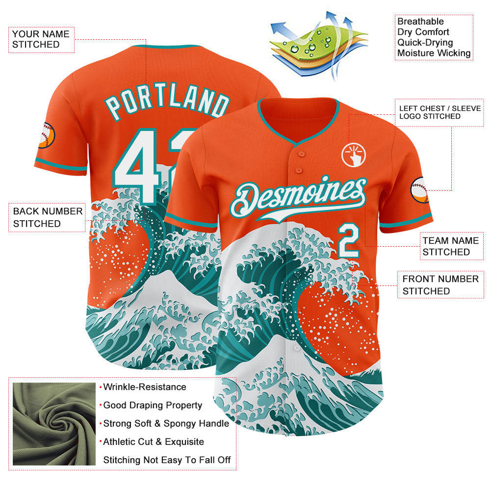 Custom Orange White-Teal Japanese Wave Authentic Baseball Jersey view 4