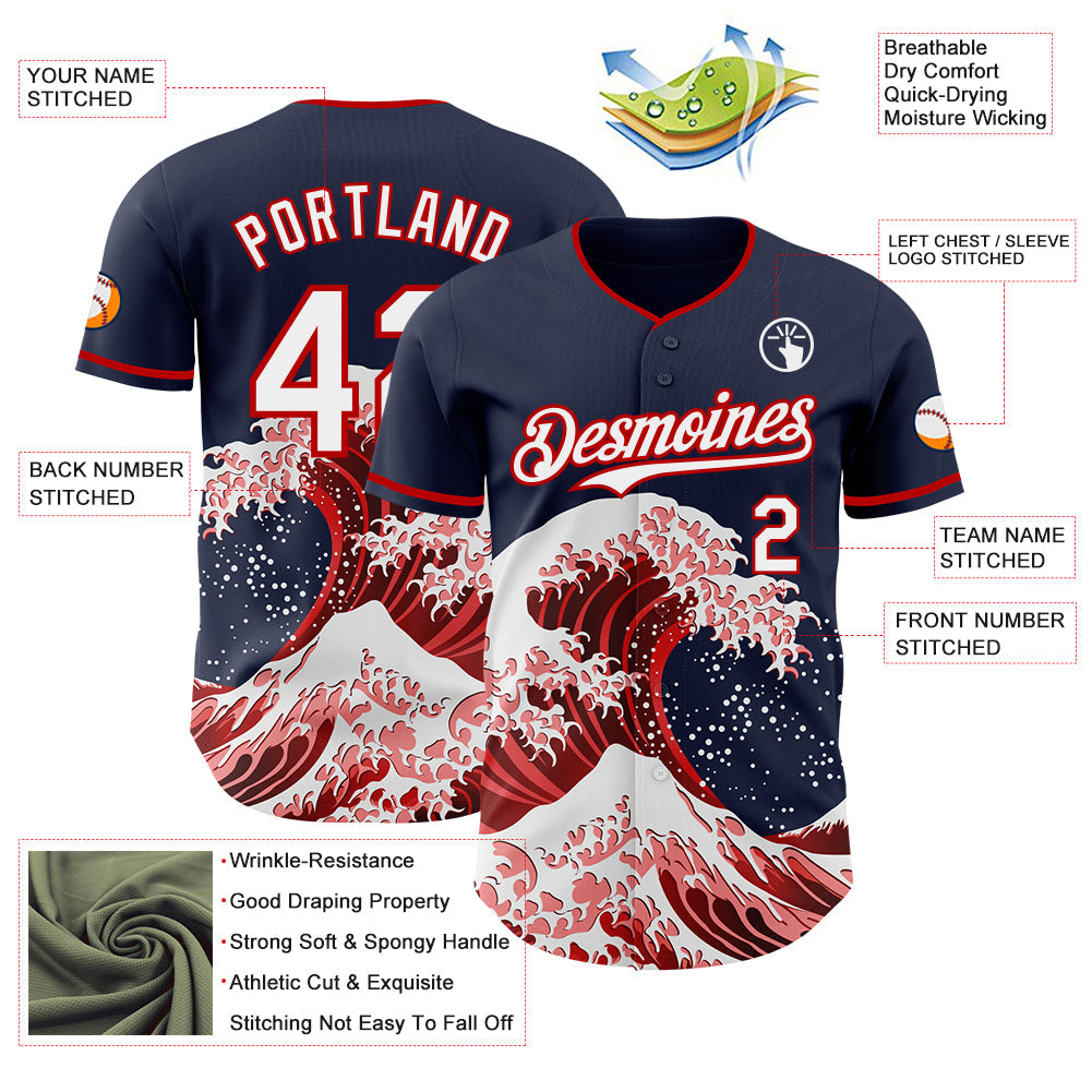 Custom Navy White-Red Japanese Wave Authentic Baseball Jersey view 4