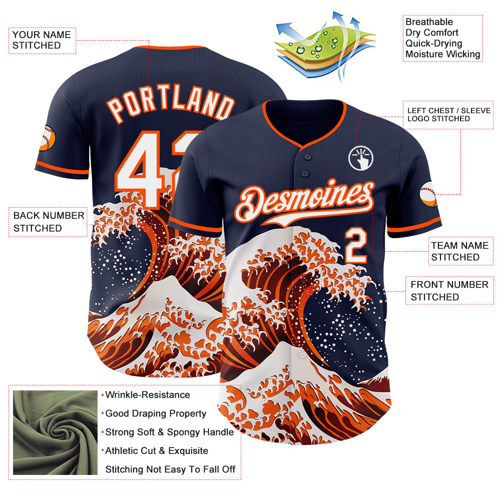 Custom Navy White-Orange Japanese Wave Authentic Baseball Jersey view 4