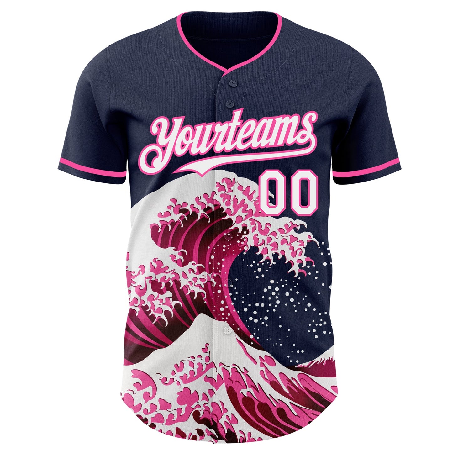 Custom Navy White-Pink Japanese Wave Authentic Baseball Jersey view 3
