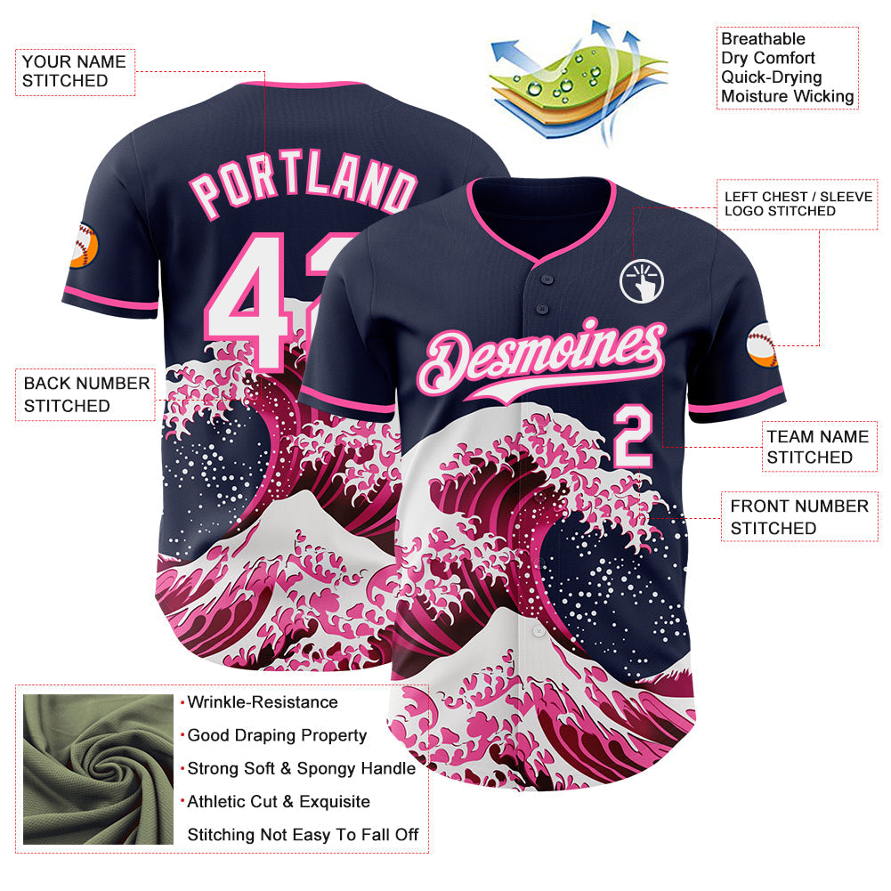 Custom Navy White-Pink Japanese Wave Authentic Baseball Jersey view 4